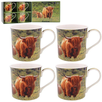 Country Highland Cow & Calf Set of 4 Ceramic Mugs