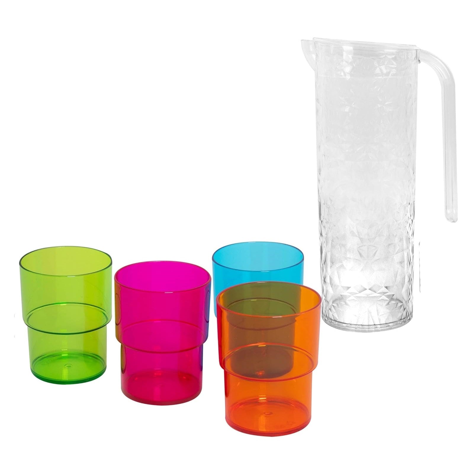 1.6L Clear Plastic Pitcher & 4pc 280ml Multicoloured Tumblers Set