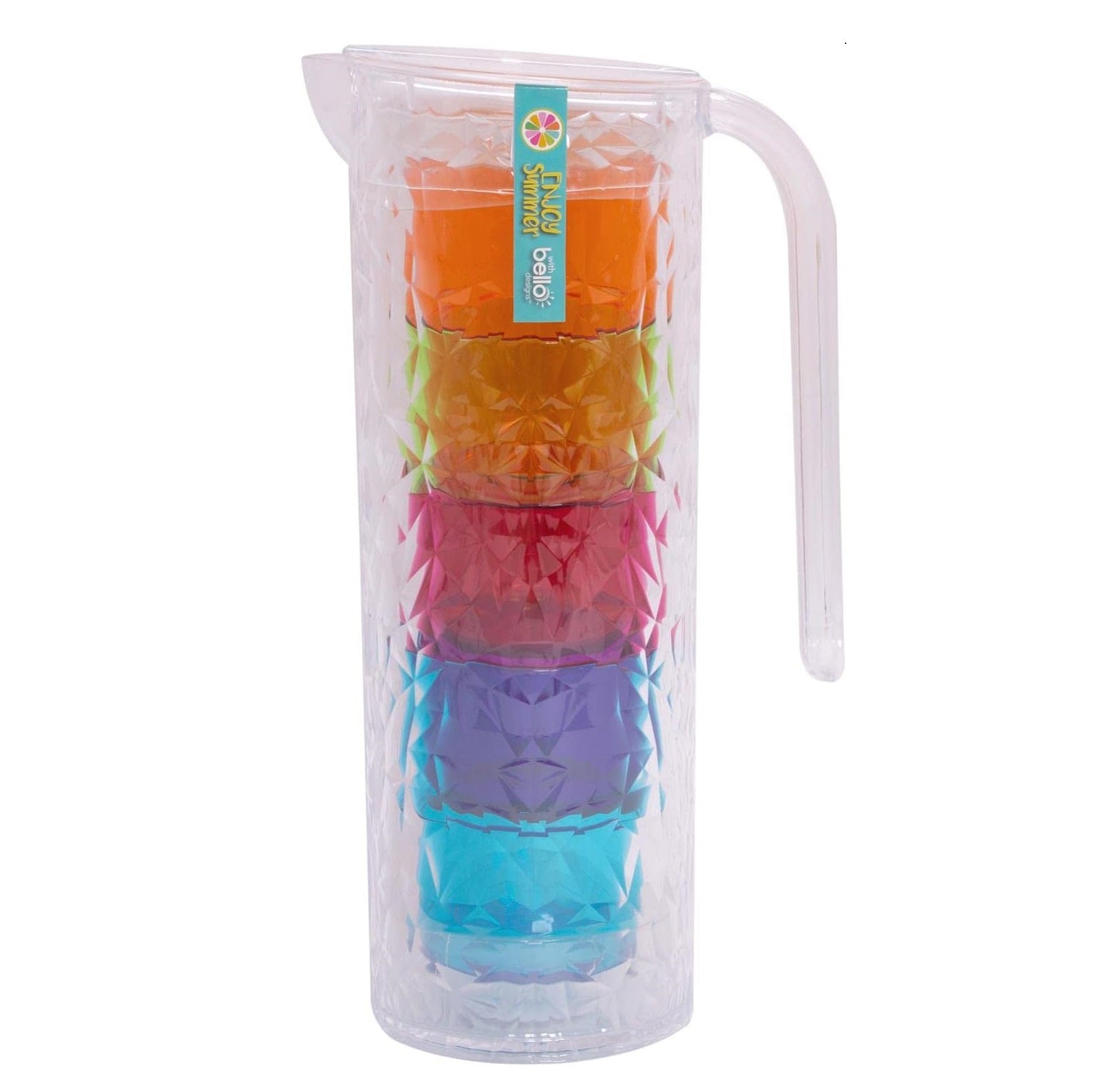 1.6L Clear Plastic Pitcher & 4pc 280ml Multicoloured Tumblers Set