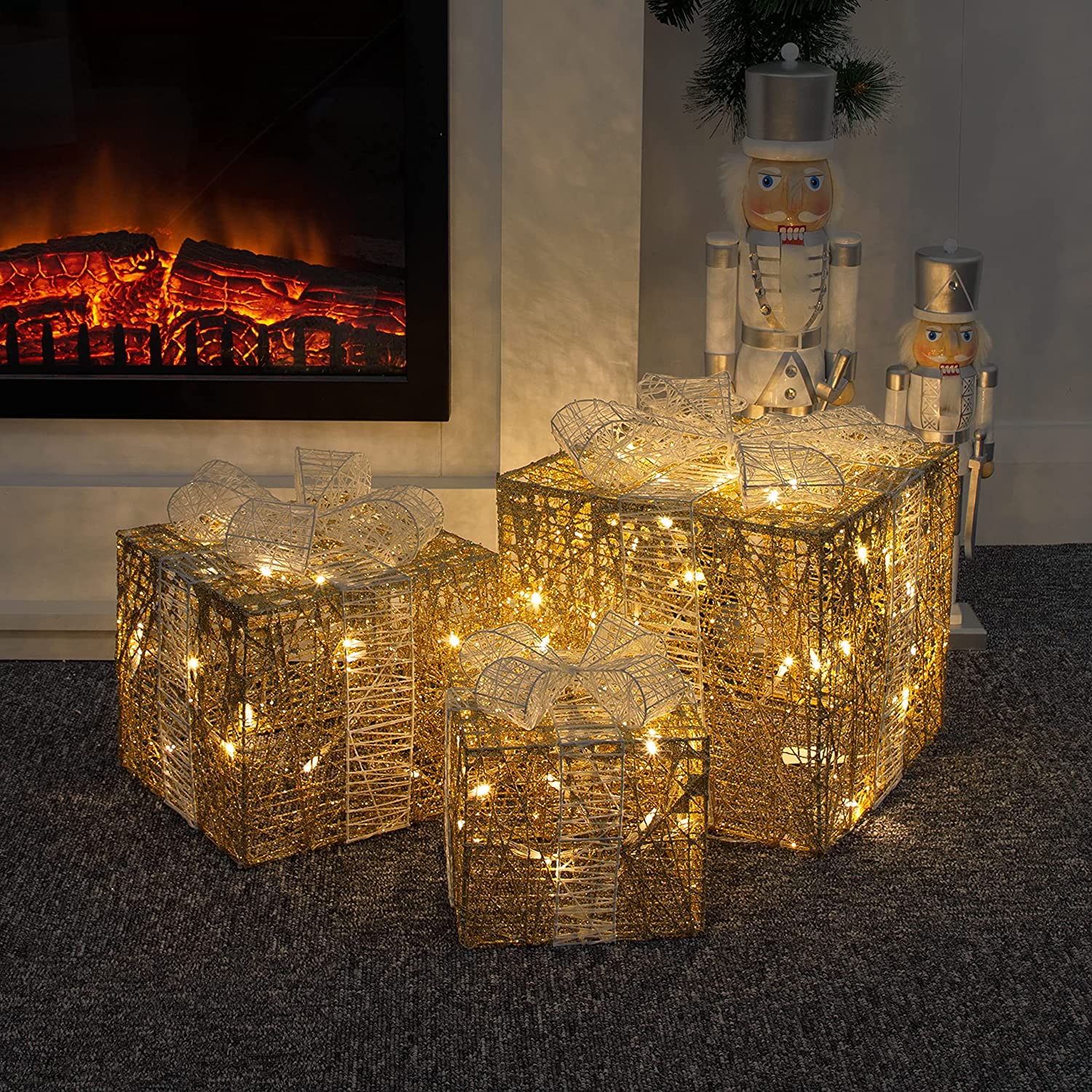 Christmas LED Light-Up 3Pcs Gold Box Decoration