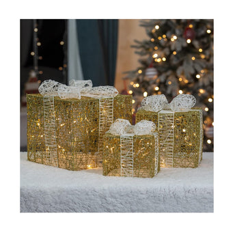 Christmas LED Light-Up 3Pcs Gold Box Decoration