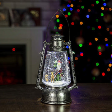 Santa Reindeer Silver Swirling Water LED Lantern