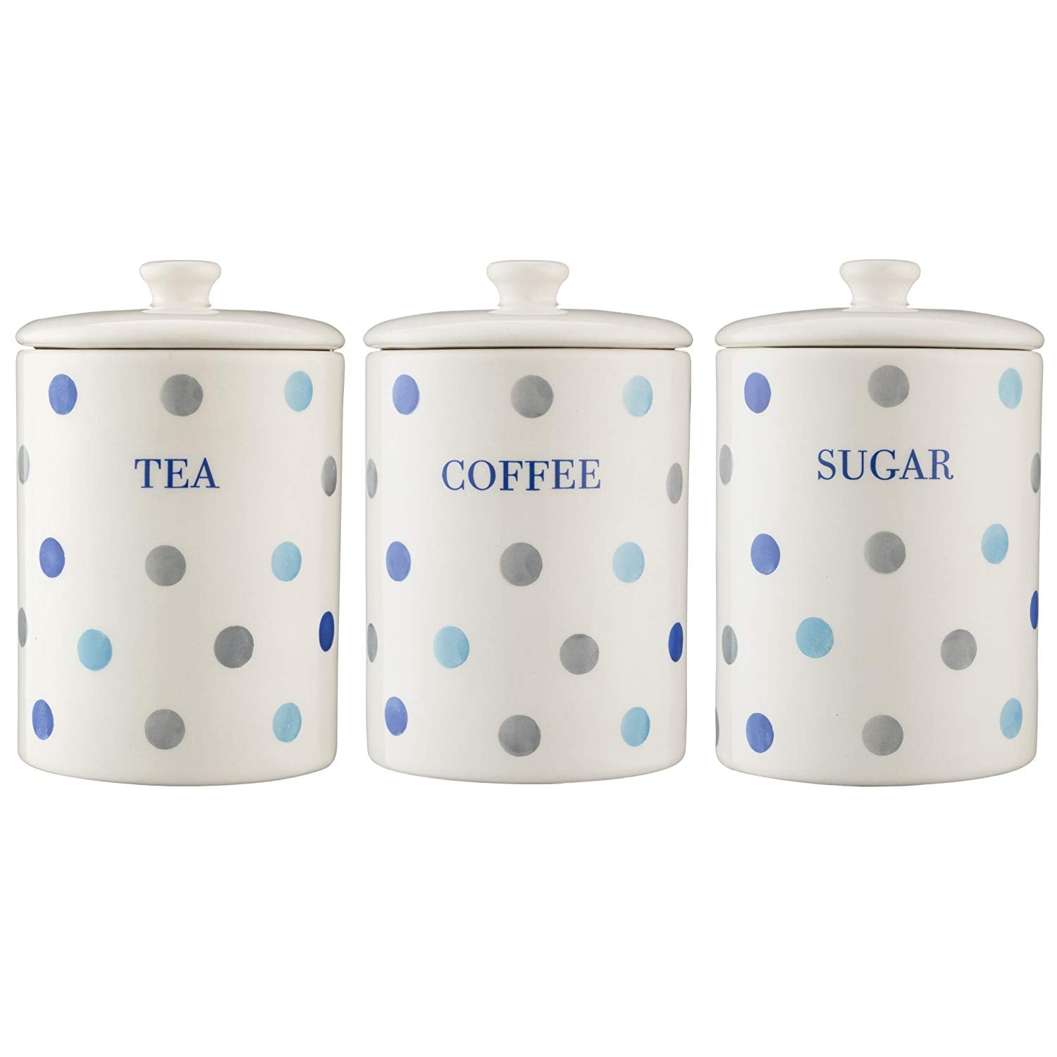Set of 3 Padstow Polka Ceramic Storage Jars Tea Coffee Sugar