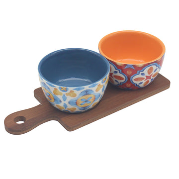 2Pcs Tuscany Colourful Ceramic Bowls On Tray Set