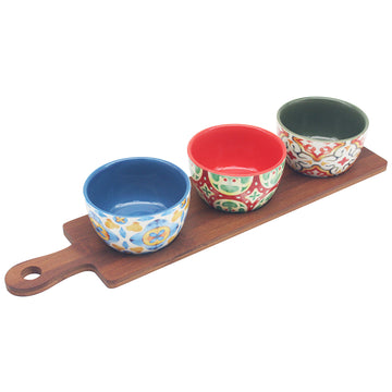 3Pcs Tuscany Colourful Ceramic Bowls On Tray Set