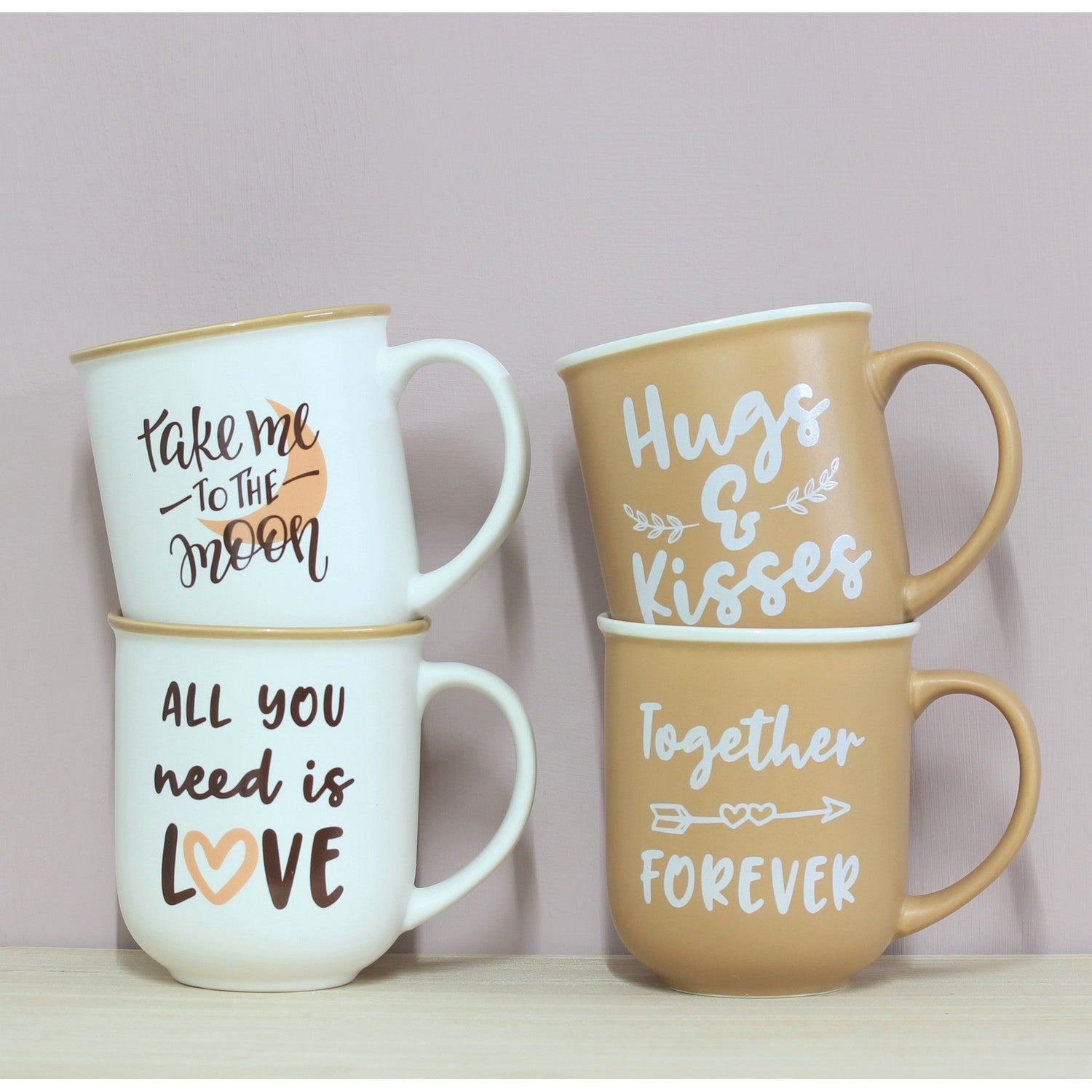 Set of 4 White Brown Coffee Love Quotes Mugs