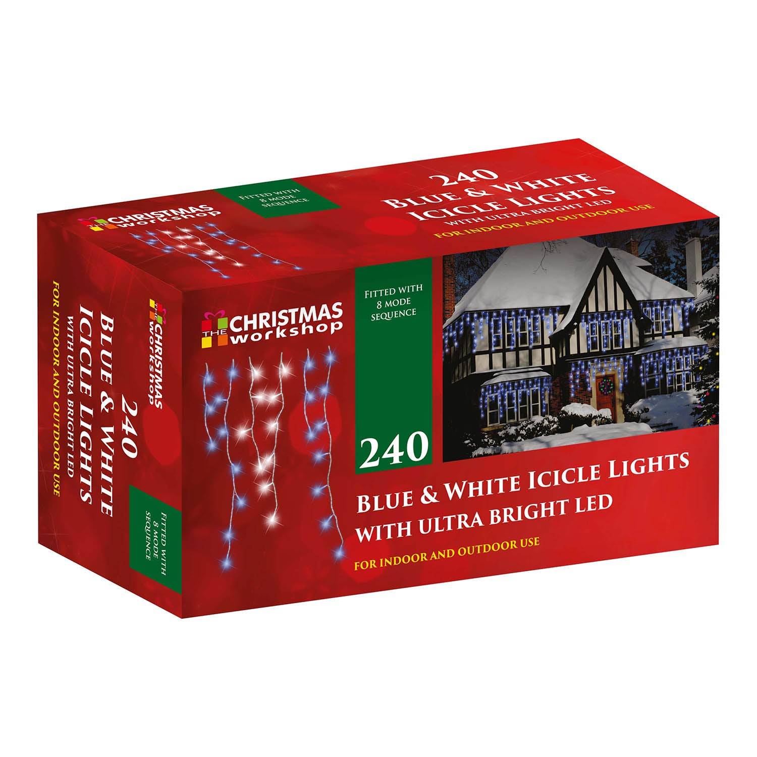 240 Blue & White Icicle LED Christmas 8 Mode Sequence Lights