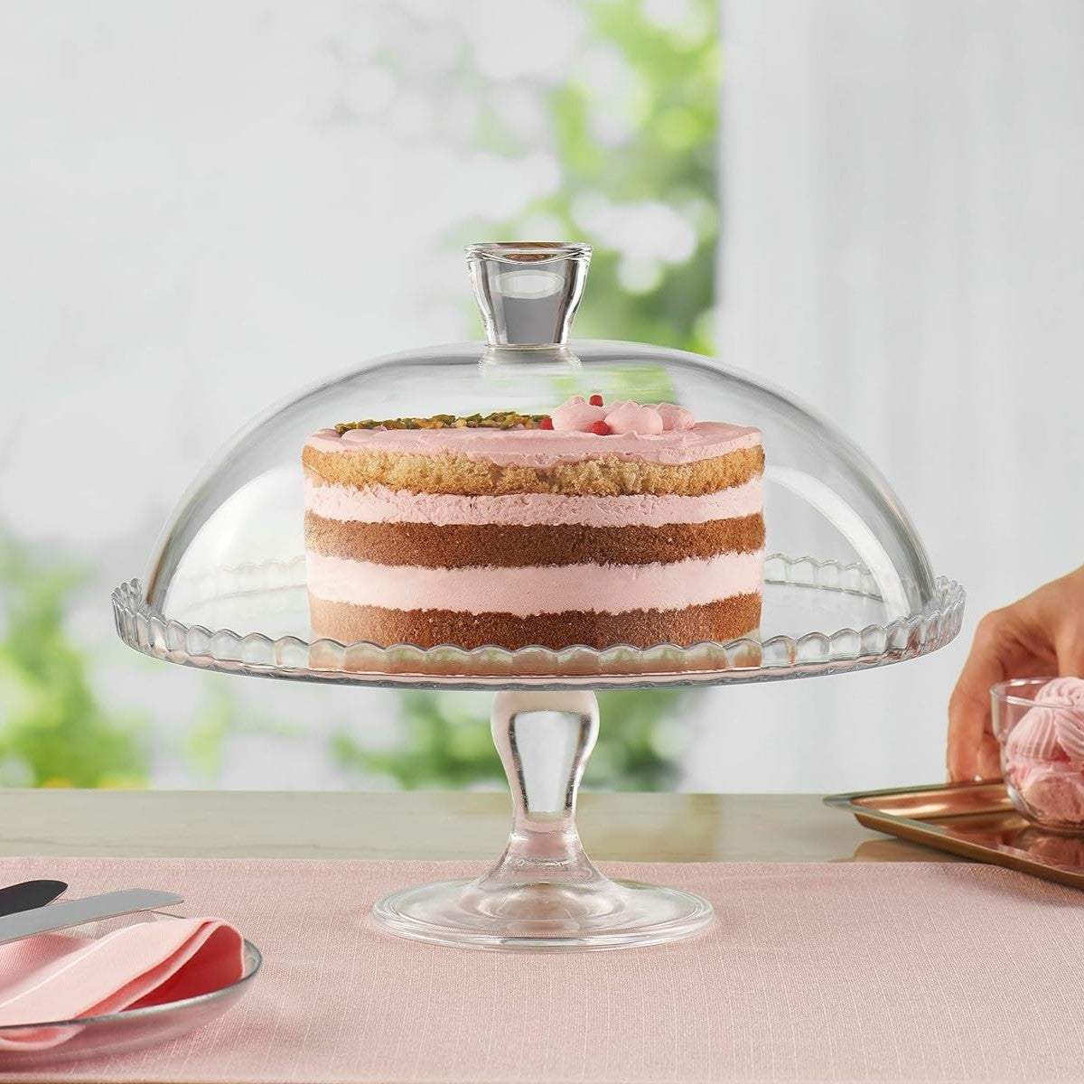 2Pcs Pasabahce Glass Cake Stand With Dome Lid