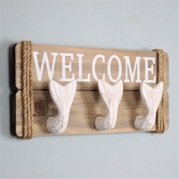 Coat Hat Hooks Fish Tail Hooks Rack Welcome Sign Wooden Wall Mounting Nautical