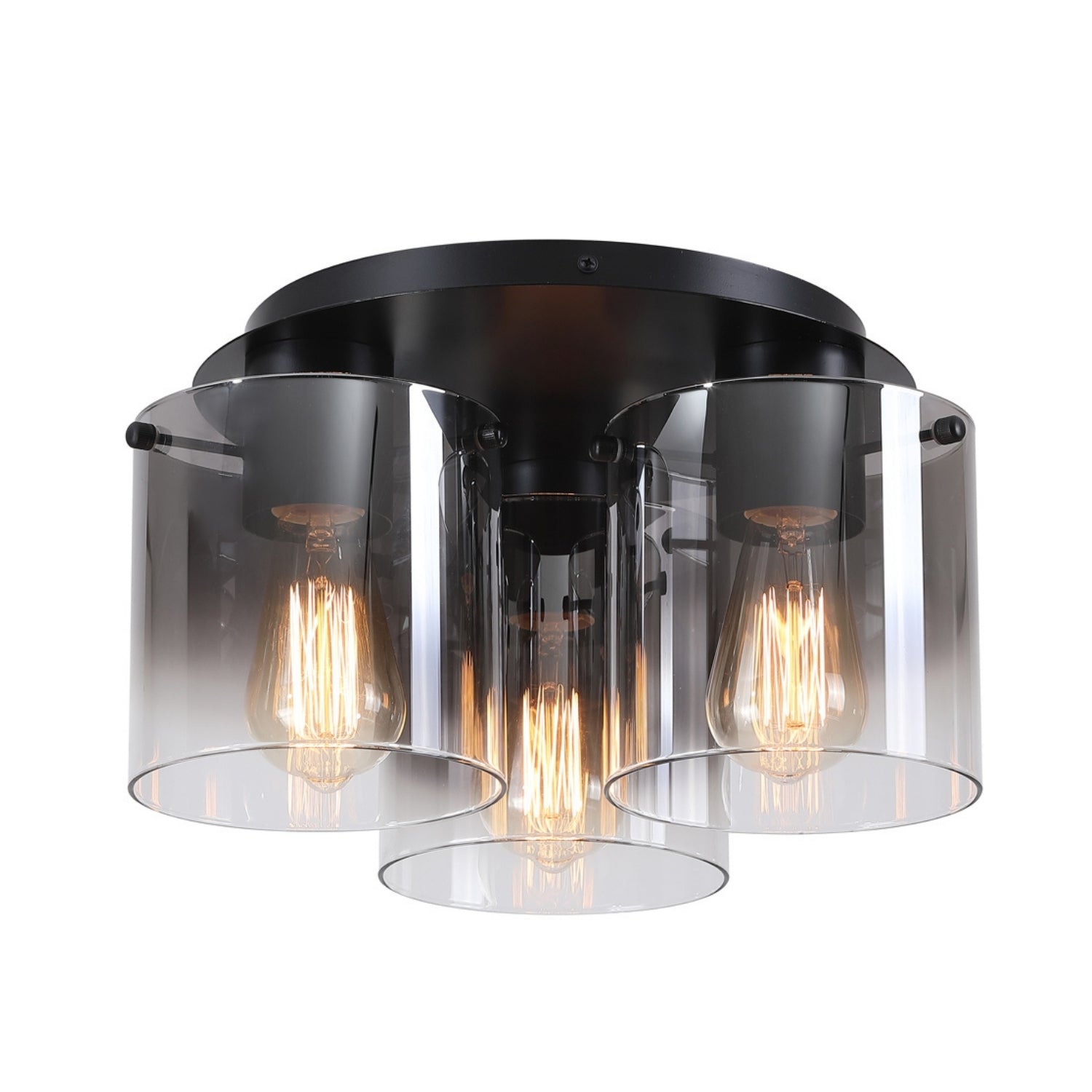 3-Light Matt Black Smoked Glass E27 60W Flush Ceiling Light