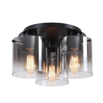 3-Light Matt Black Smoked Glass E27 60W Flush Ceiling Light