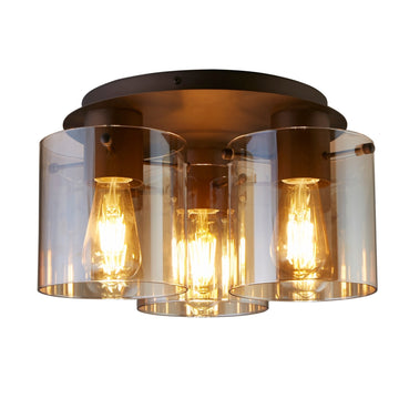 3-Light Mocha Metal Amber Glass E27 60W Dimmable Flush Ceiling Light