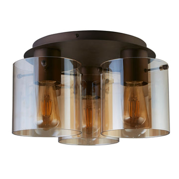 3-Light Mocha Metal Amber Glass E27 60W Dimmable Flush Ceiling Light