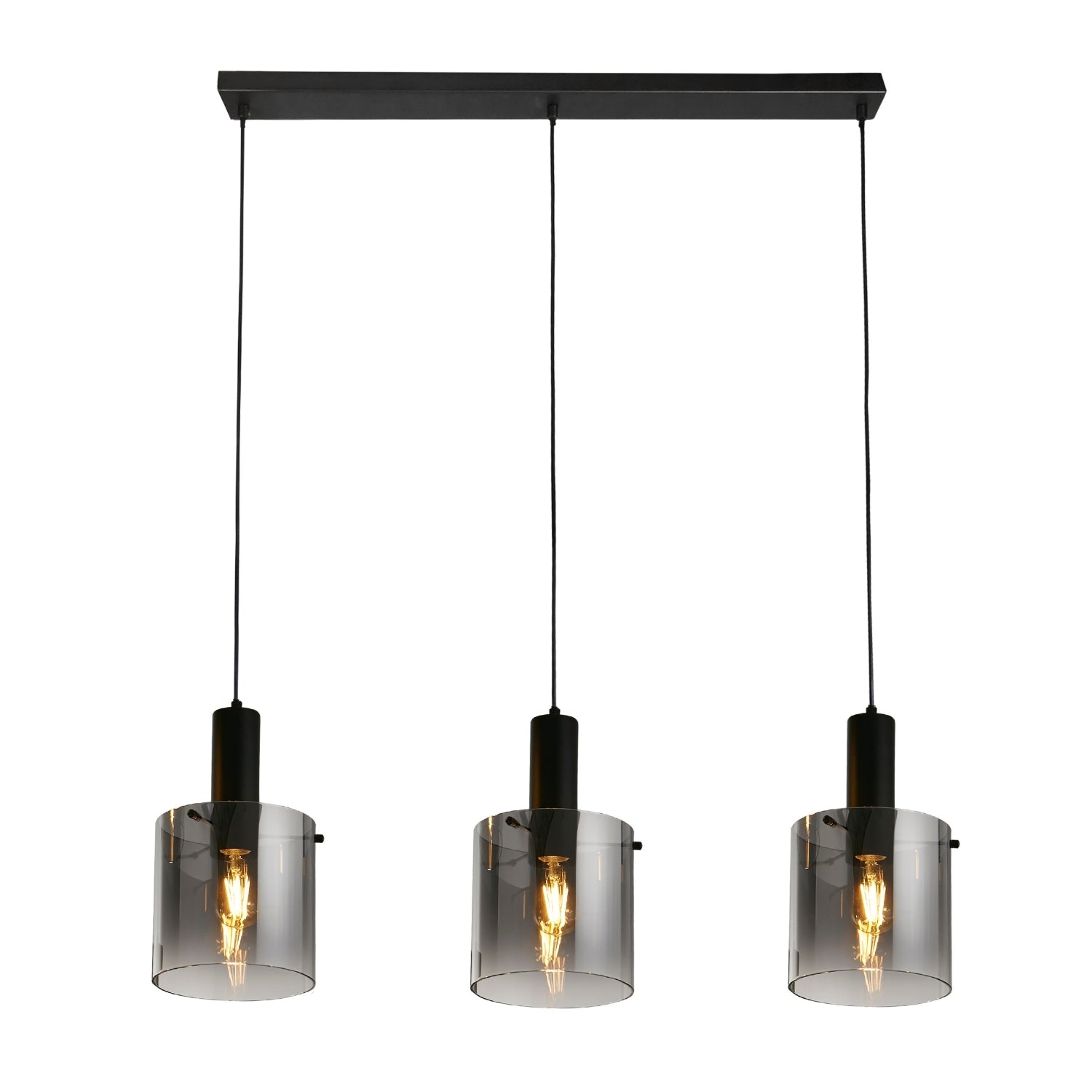 3 Light Bar Ceiling Light Smoked Glass Black Metal 120cm Pendant