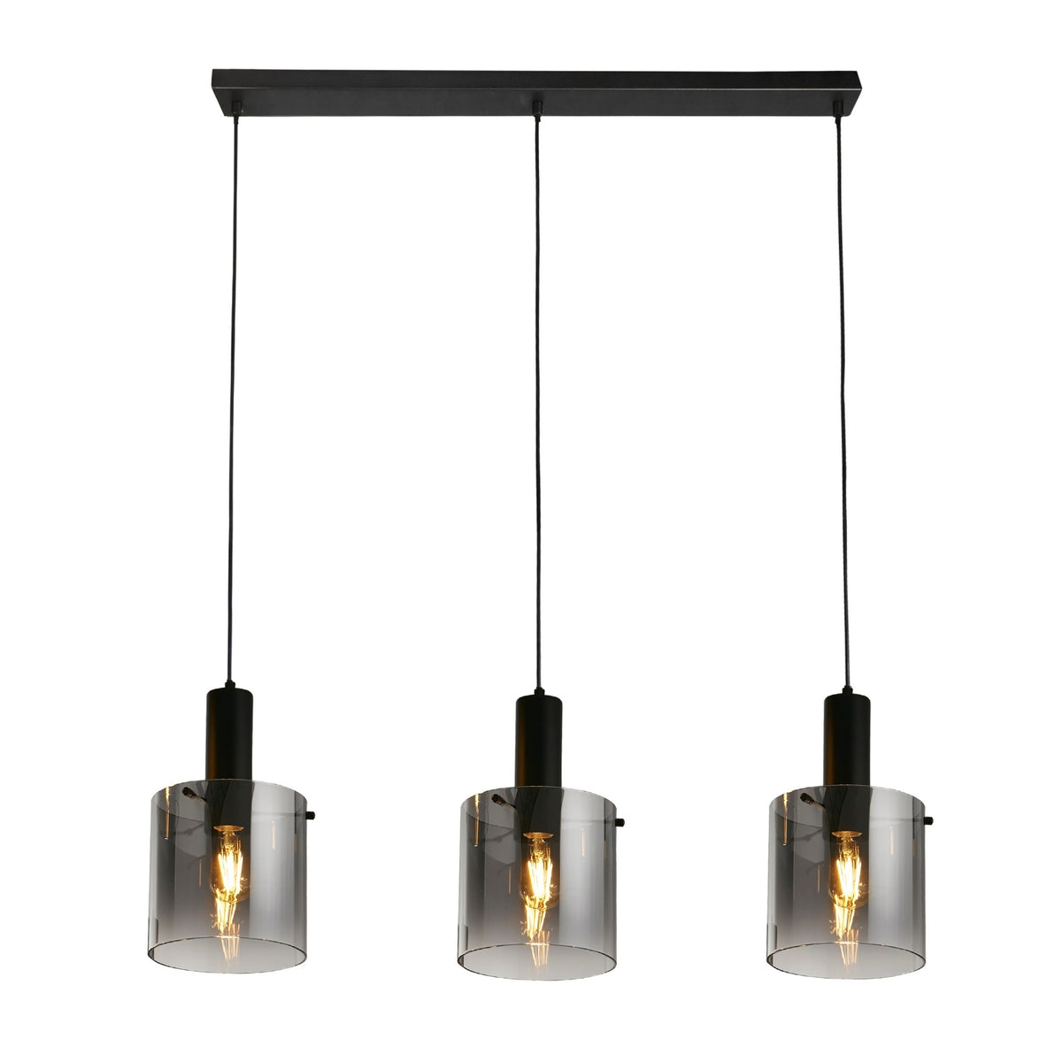 3 Light Bar Ceiling Light Smoked Glass Black Metal 120cm Pendant