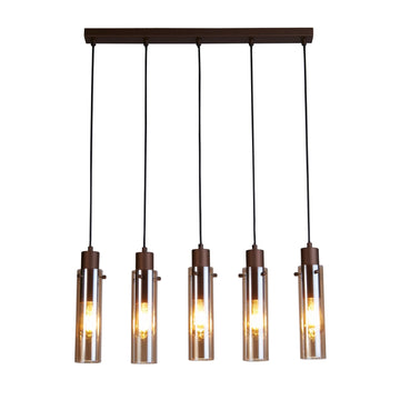 5 Light Bar Ceiling Light Amber Glass Mocha Metal 120cm Pendant