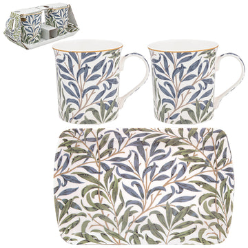 2Pcs William Morris Willowbough Mugs with Serving Tray Gift Set