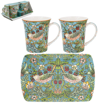 2Pcs William Morris Strawberry Thief  Mugs with Serving Tray Gift Set