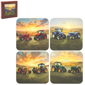 4Pcs Vintage Farm Tractors Cork Backed Coasters Set