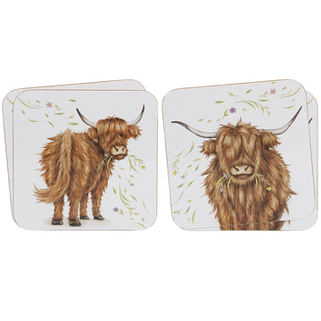 4Pcs Highland Cow Cork Coasters Set