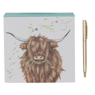 Highland Cow With Pen Desk Note Pad Stationery Memo Block  Gift Set