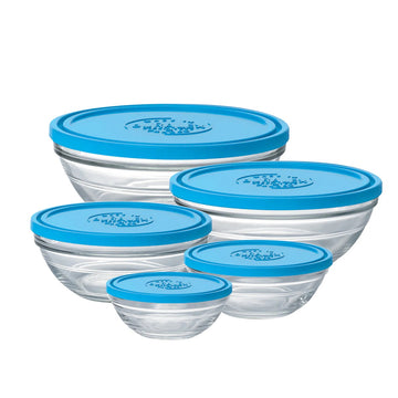 5pc Clear Blue Glass With Lid  Round Bowls Set