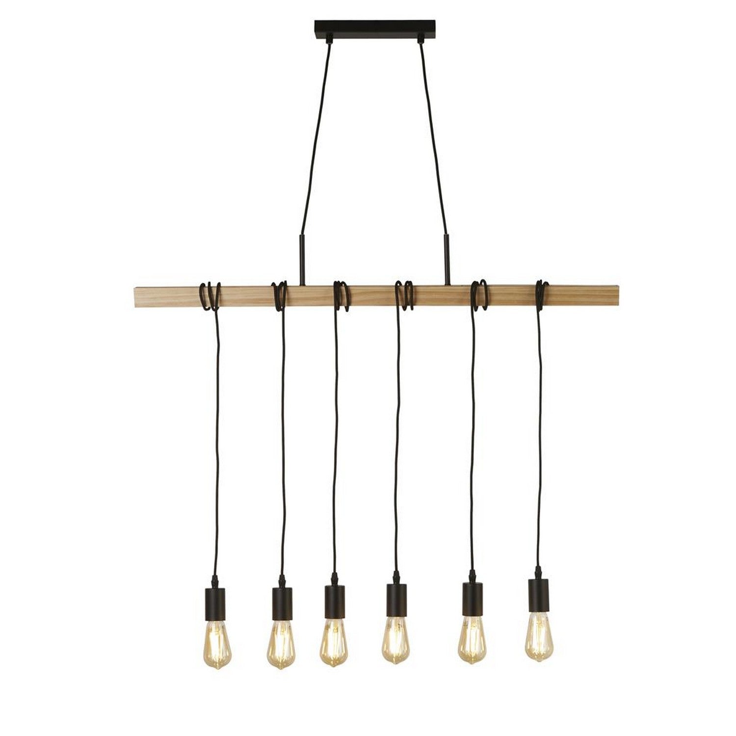 Woody 6 Light Wood & Black Metal Bar Ceiling Pendant