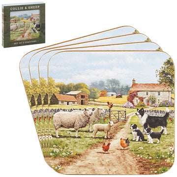 4Pcs Collie &  Sheep Cork Coasters Set
