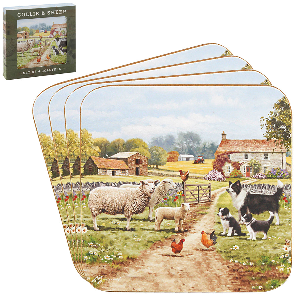 4Pcs Collie &  Sheep Cork Coasters Set
