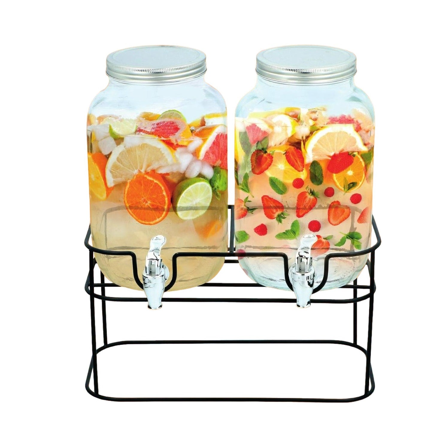 2pcs 4L Glass Beverage Dispensers Jar With Tap & Metal Stand
