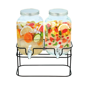 2pcs 4L Glass Beverage Dispensers Jar With Tap & Metal Stand