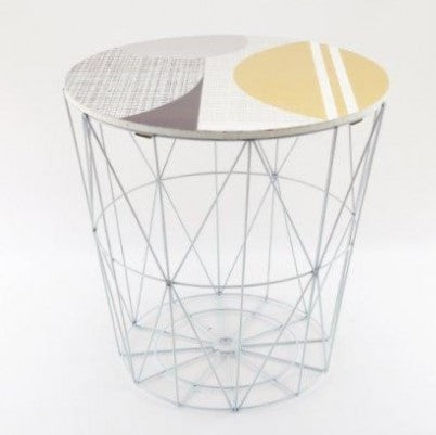 White Abstract Wire Storage Basket Round End Side Table