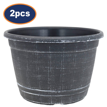 2Pcs 25cm Black Barrel Planter With White Brush Effect