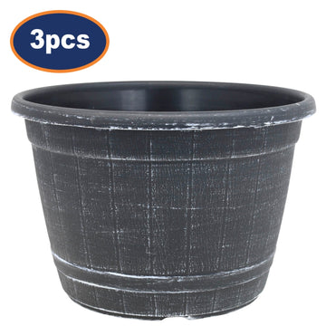 3Pcs 25cm Black Barrel Planter With White Brush Effect