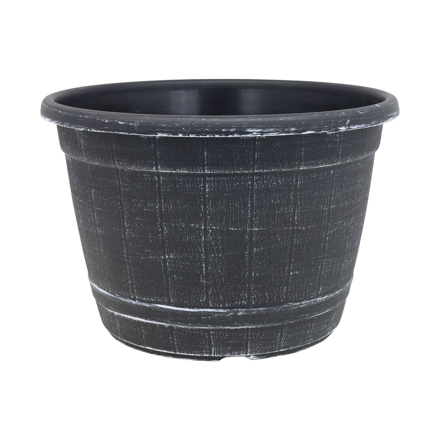 25cm Black Barrel Planter With White Brush Effect