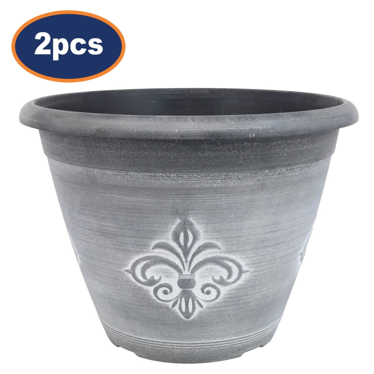 2Pcs 33cm Black Fleur De Lys Round Planter With White Wash