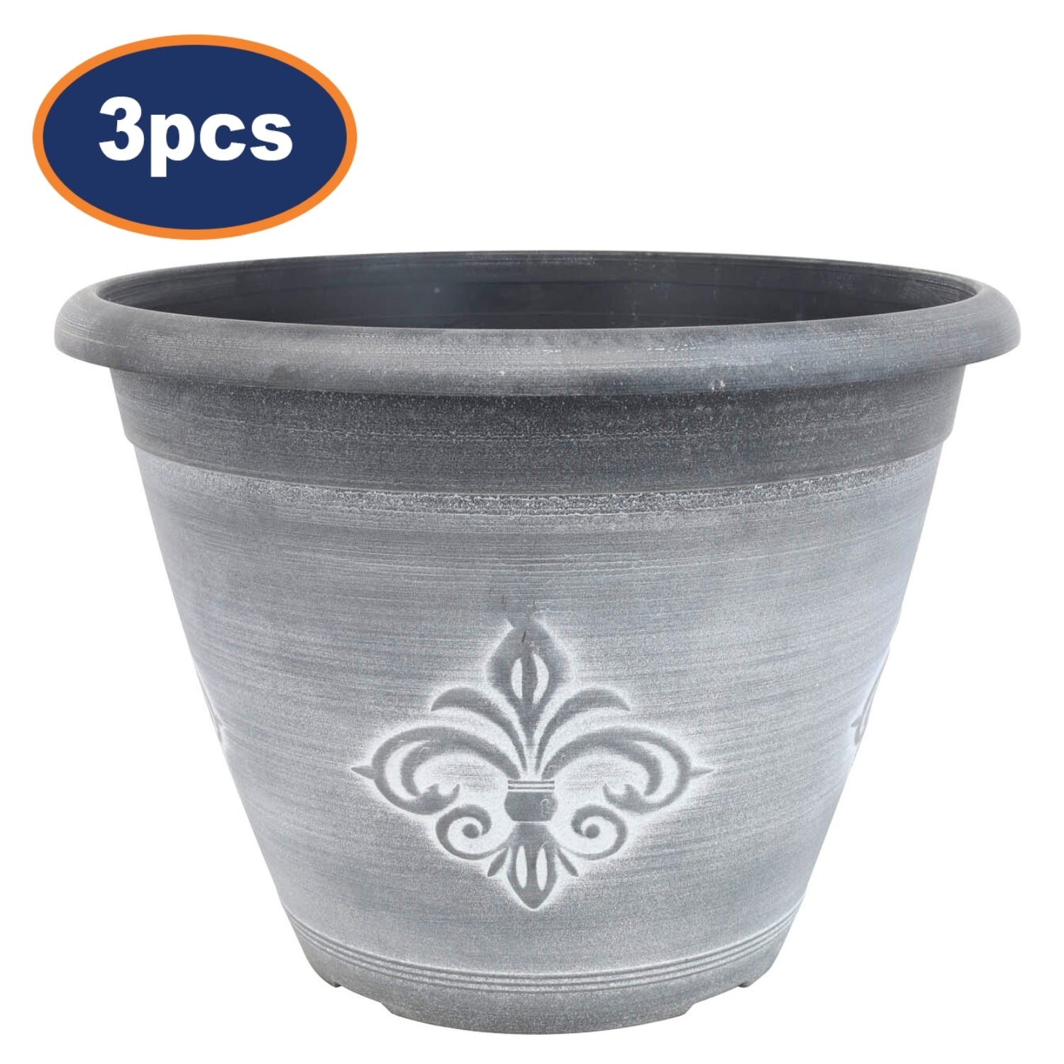 3Pcs 33cm Black Fleur De Lys Round Planter With White Wash