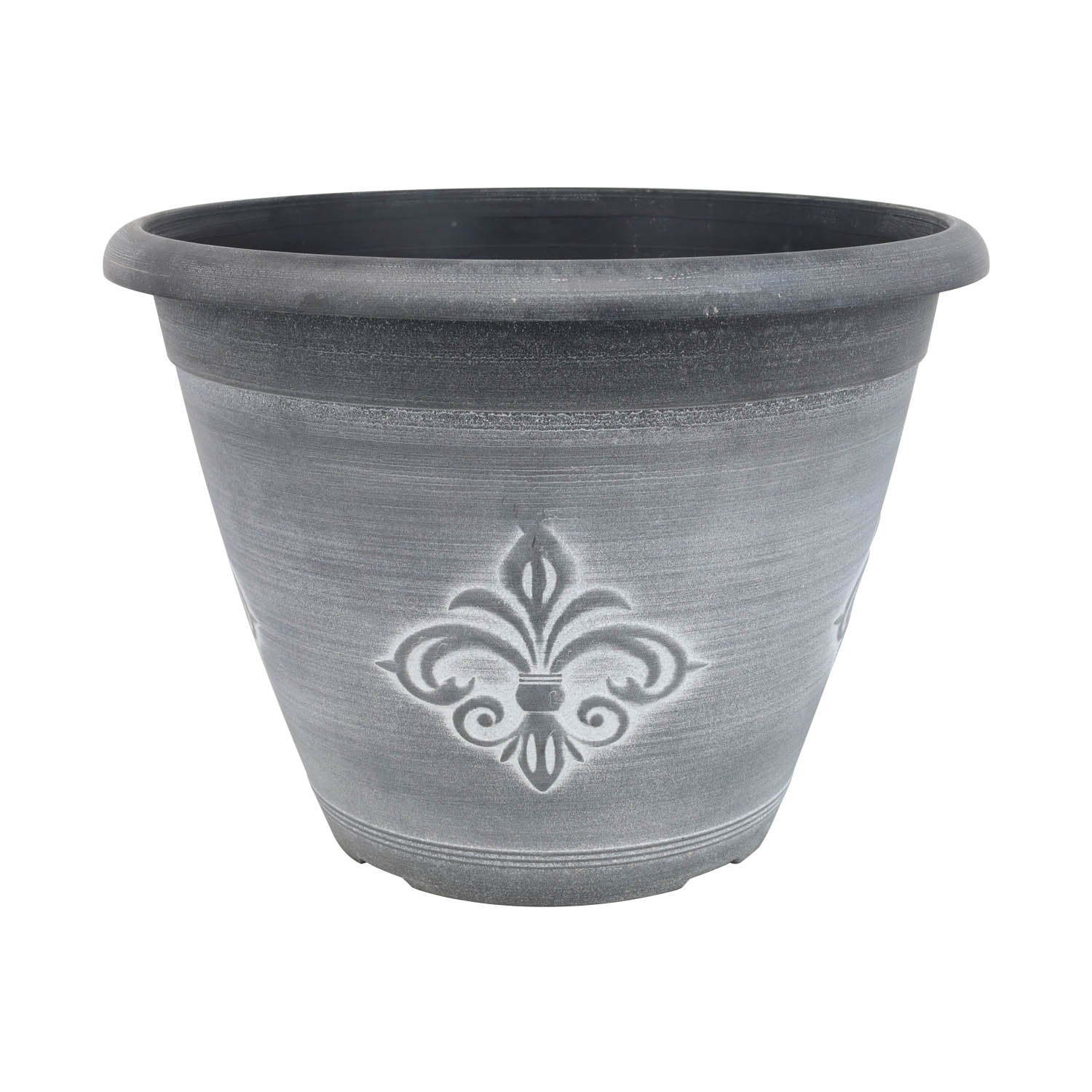 33cm Black Fleur De Lys Round Planter With White Wash