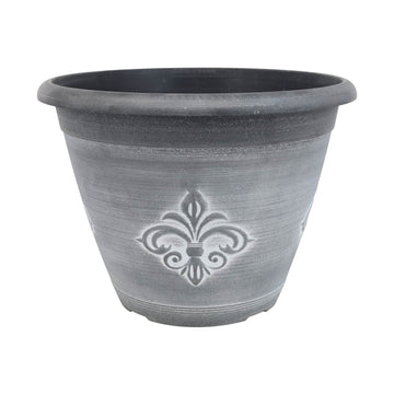 33cm Black Fleur De Lys Round Planter With White Wash