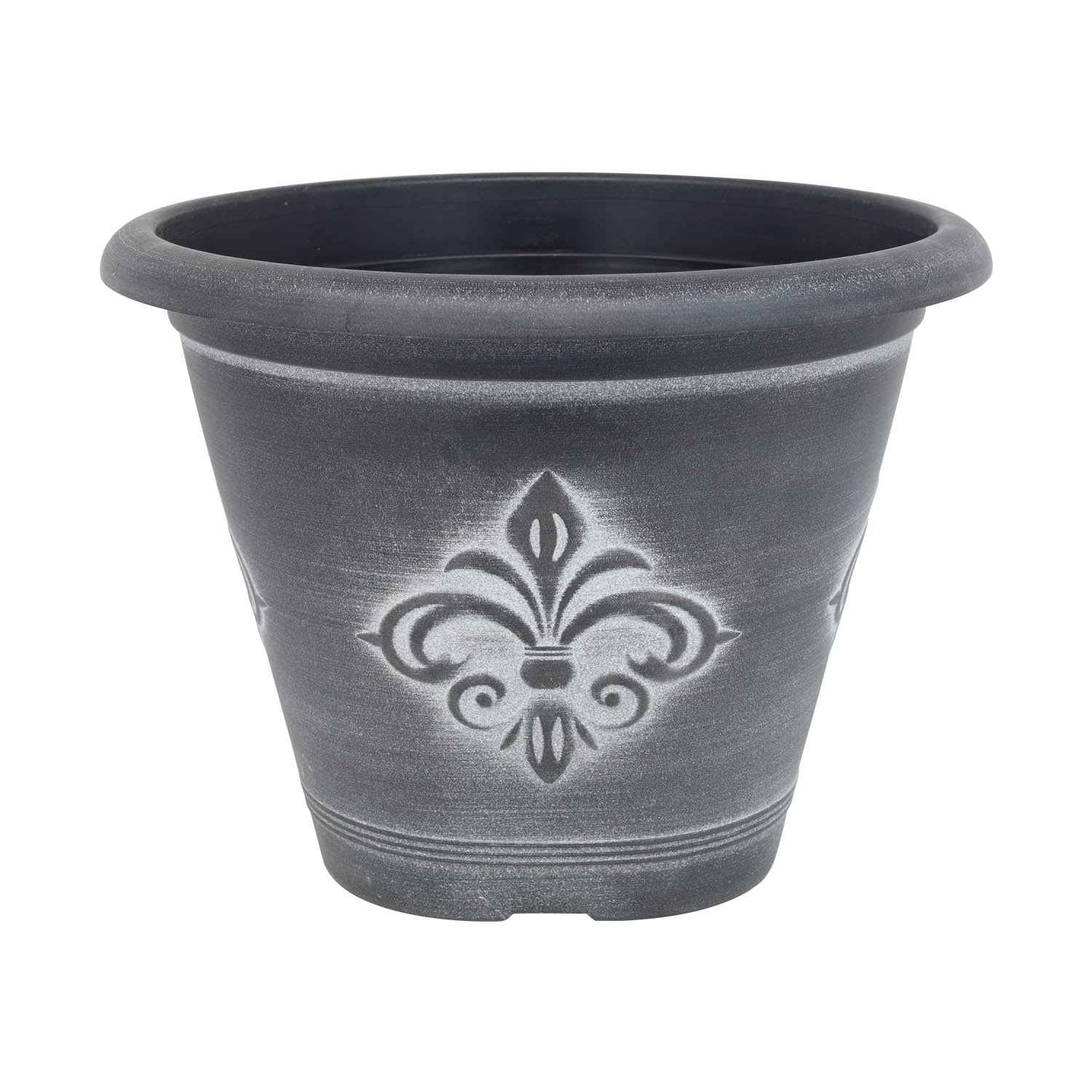 25cm Black Fleur De Lys Round Planter With White Wash