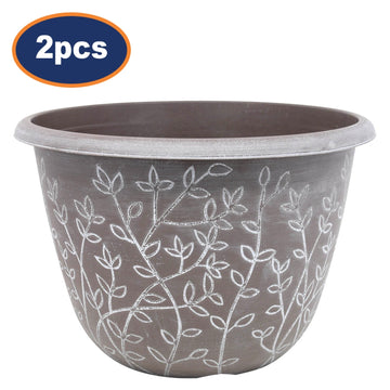 2Pcs 30cm Brown Serenity Stout Round Planter With White Wash Floral Design