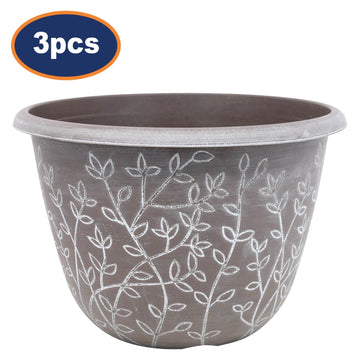 3Pcs 30cm Brown Serenity Stout Round Planter With White Wash Floral Design