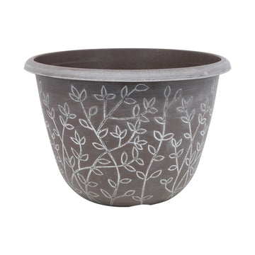 30cm Brown Serenity Stout Round Planter With White Wash Floral Design