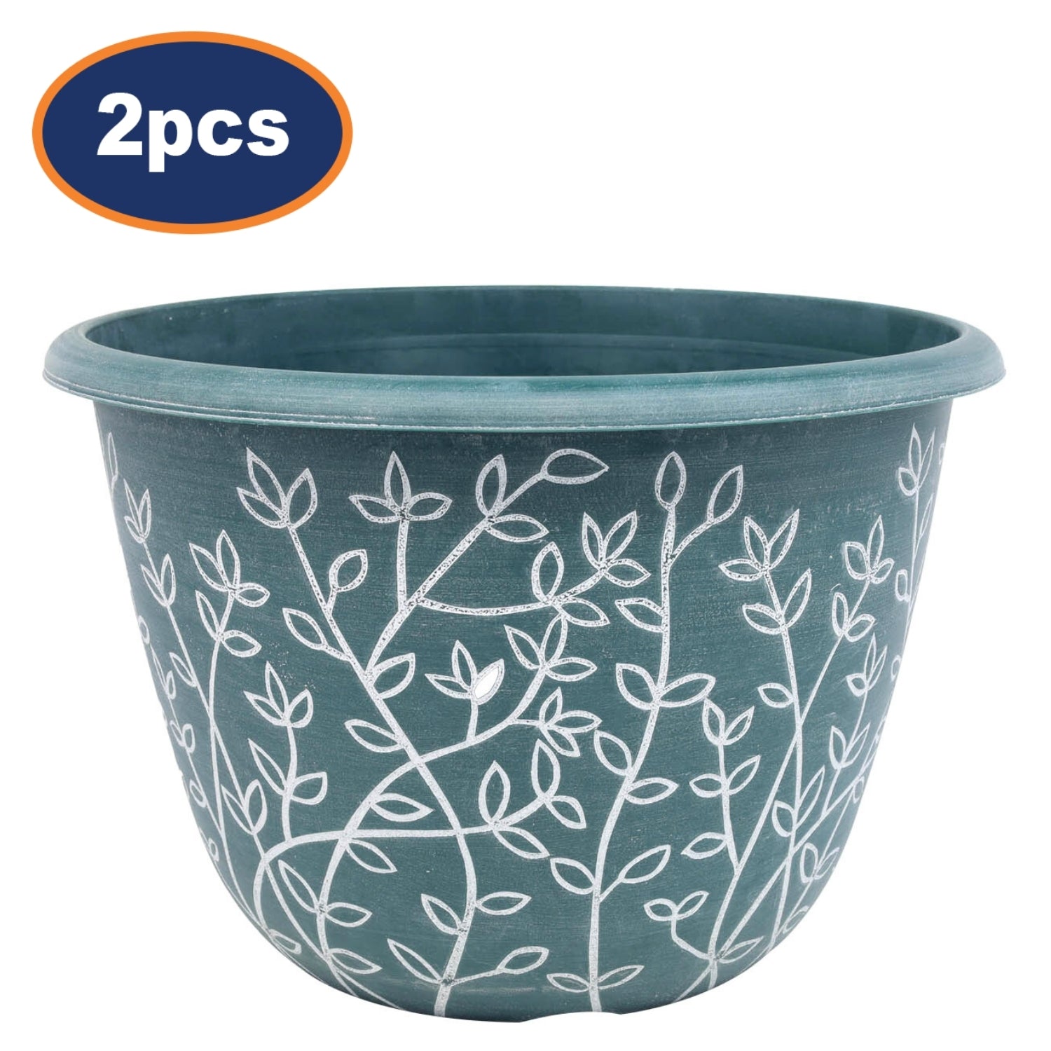 2Pcs 30cm Green Serenity Stout Round Planter With White Wash