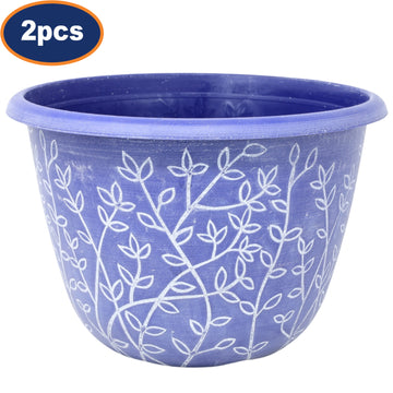 2Pcs 30cm Blue Serenity Stout Round Planter With White Wash Floral Design