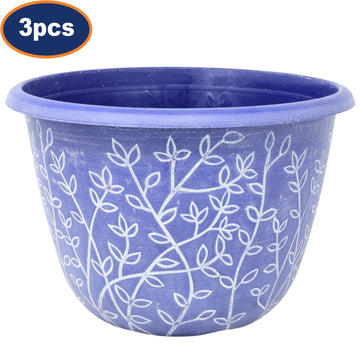3Pcs 30cm Blue Serenity Stout Round Planter With White Wash Floral Design