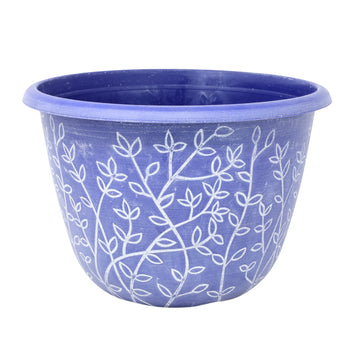 30cm Blue Serenity Stout Round Planter With White Wash Floral Design