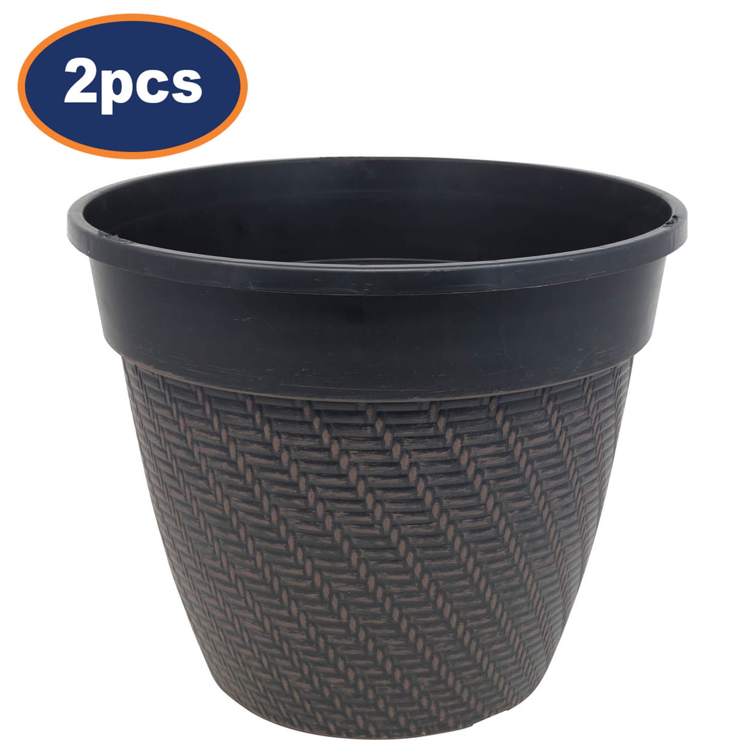 2Pcs 30cm Black Rattan Round Planter With Brown Brush Effect