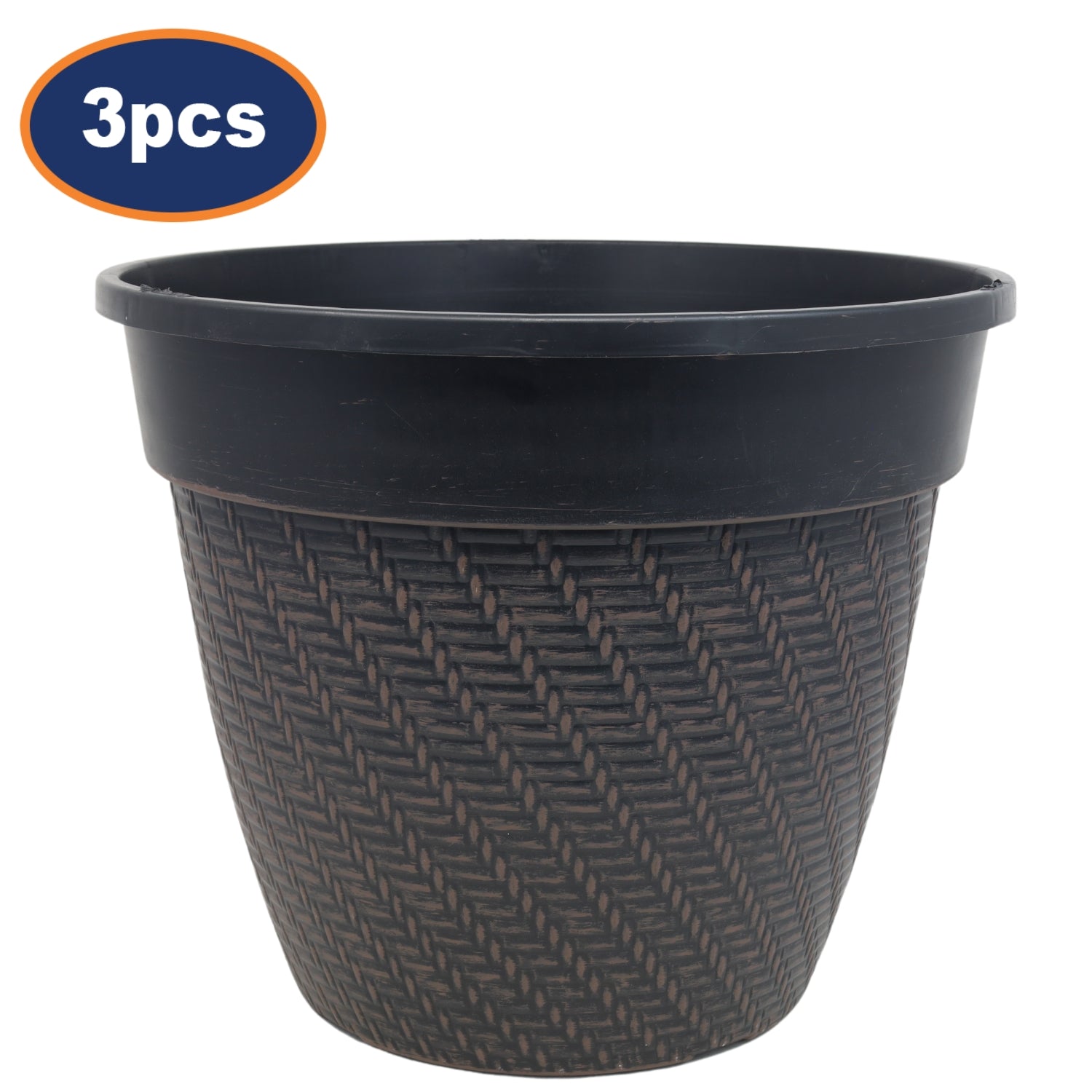 3Pcs 30cm Black Rattan Round Planter With Brown Brush Effect