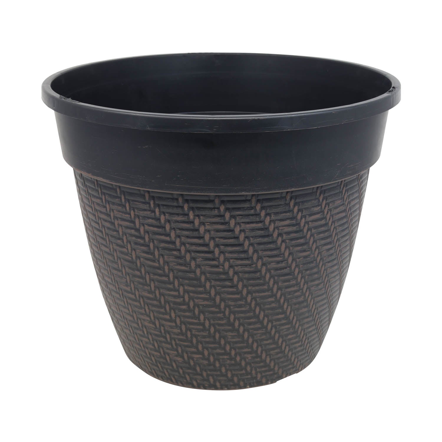 30cm Black Rattan Round Planter With Brown Brush Effect